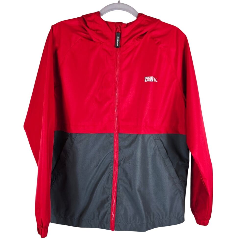 Eddie Bauer Red Gray Rip Stop Double Zip Hooded Windbreaker Jacket L 14-16